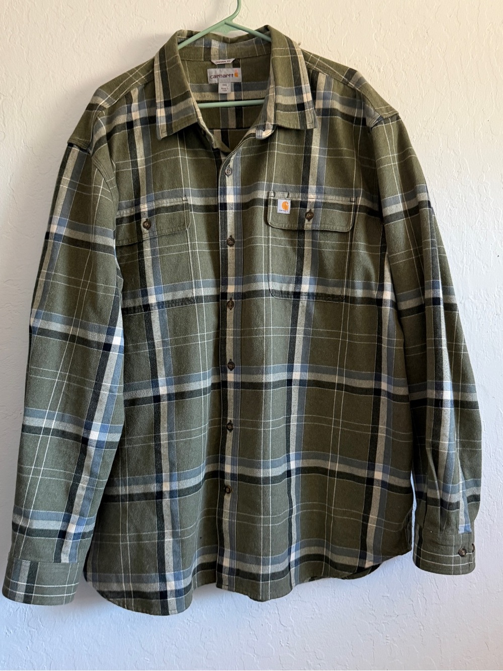 Carhartt Olive and White Plaid Button-Down Work Shirt 2XL